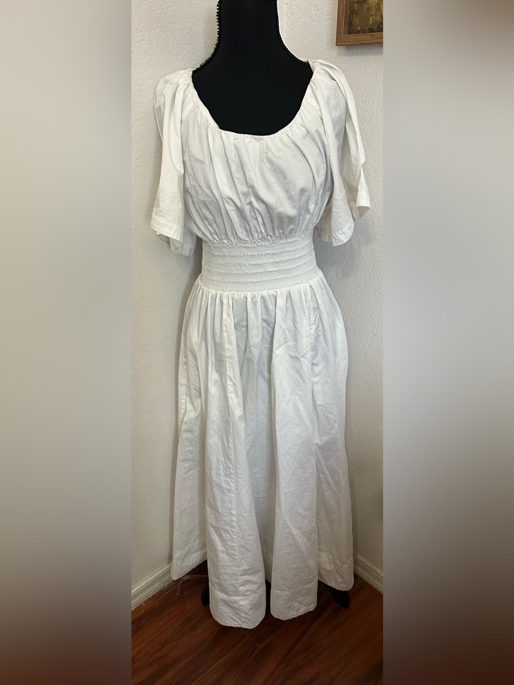 La Ligne Amour White Cotton Smocked Midi Dress with POCKETS - Size XL
